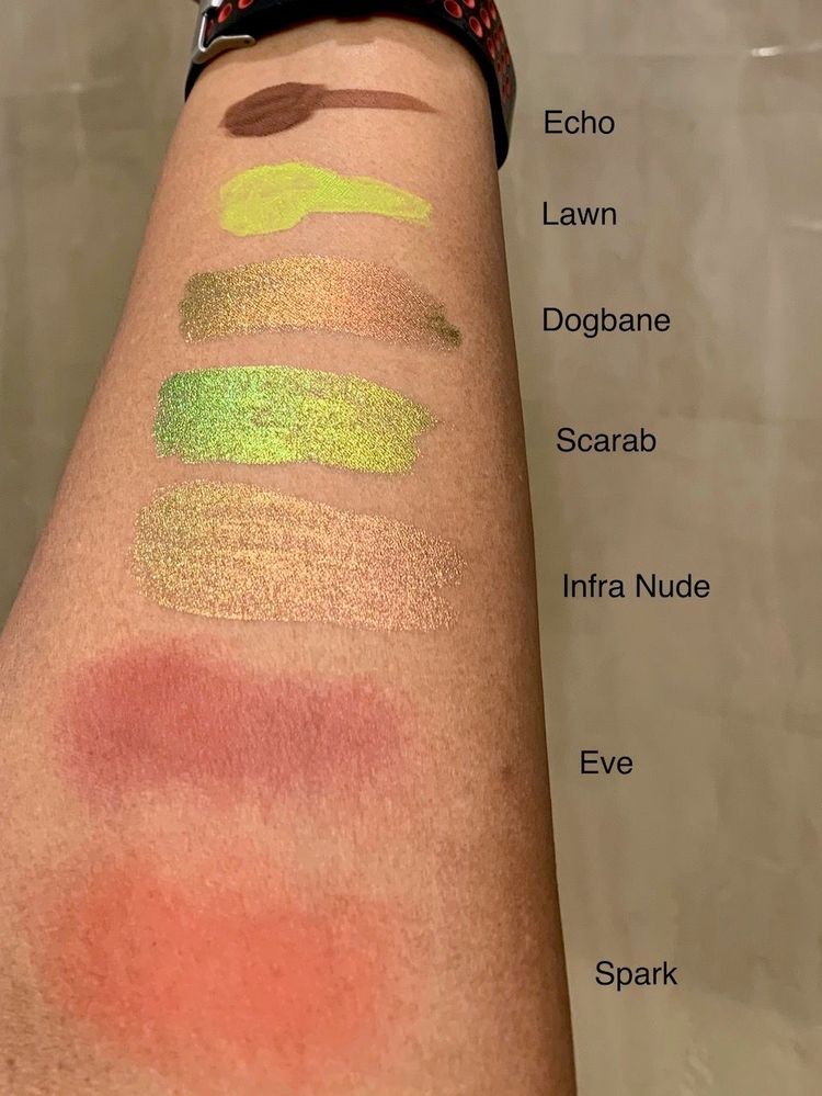 Swatches: top 2 = Glossier Skywash; middle 3 = ND Chromium Liquid shadows; bottom 2 = Glossier Cloud Paints.