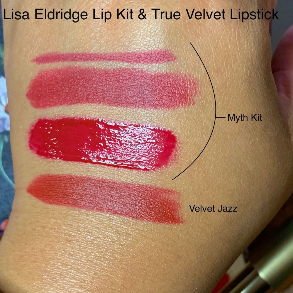 Top to bottom: Myth lip liner, lipstick, and gloss; Velvet Jazz lipstick.