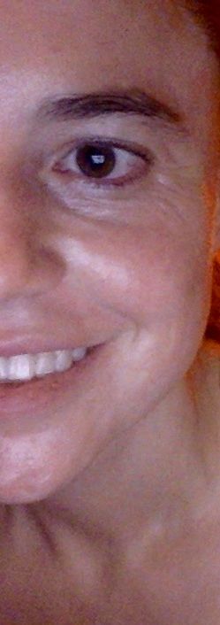 AFTER: Full smile, maybe more smile if I compare, but less crow. Especially under the eye. No makeup here, before bed skincare on and absorbing. I do the Gua Sha at night oddly, morning I am lucky I can get dressed.