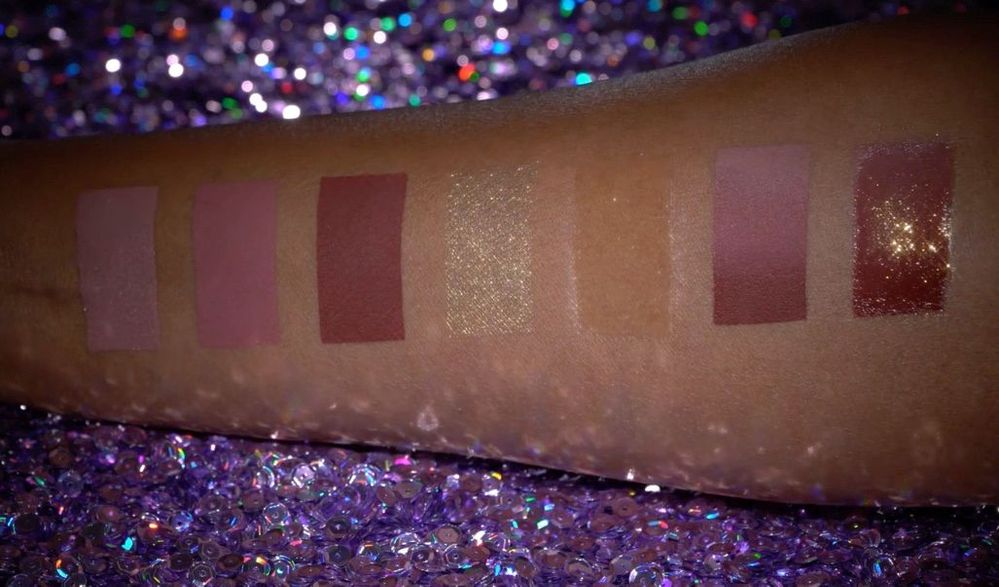 L-R: 3 nude liquid matte shades, powder, clear gloss, and combo swatches.