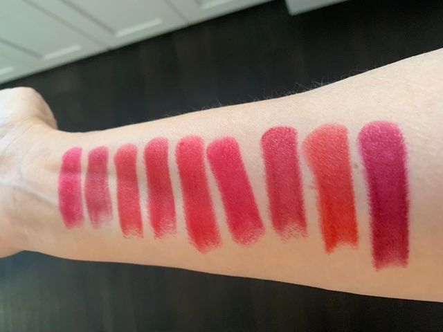 L to R- BG Passion, Anja, Passionate, Pop Art, 70’s America, Innocent, Burgundy, Self Service, Plum