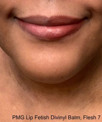 Left: my bare lips. Right: 1-2 coats of PMG Lip Fetish, Flesh 7. Photo taken in warm bathroom lighting.