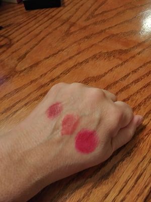 Dahlia, Rosebud, Ruby.  Ruby makes the prettiest blush!  These have the scent of cherry oil, not the perfume like DG's other lipsticks.