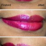 Urban Decay Vice Lipstick: Firebird vs. Jilted. The middle swatch best shows the difference between these 2 shades.