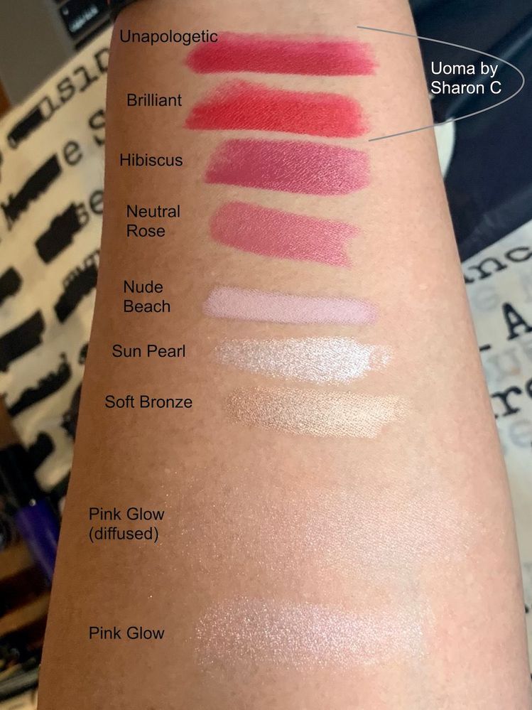 Swatches of Bobbi Brown and Uoma by Sharon C products.