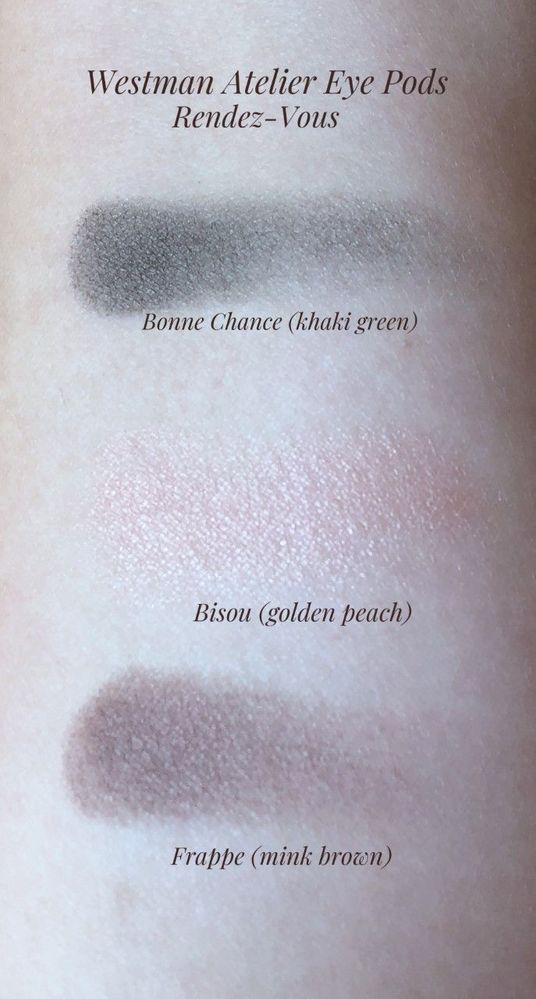 Bonne Chance & Frappe swiped 2x; Bisou 4x; the swatches are showing up a bit darker than they appear in real life. Bonne Chance has a hint of khaki green that's not really coming through in this pic.