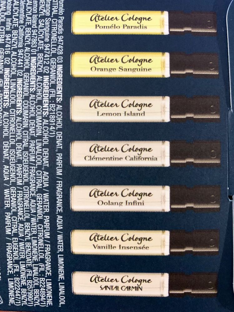 Fragrances in the Atelier Cologne sample set.
