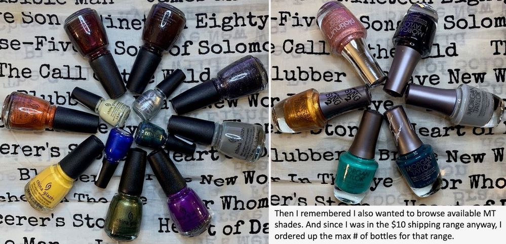 Left wheel, starting with the yellow shade: Solar Power, Pathological Liar Liar, mini Ghoulish Glow (glows in the dark), X, IX, mini Tinsel Town, You’ve Got Blackmail, Recycle, mini Green With Jealousy, Coconut Kiss, Agro, mini Frostbite.  Right wheel, starting with the gold shade: Gunter’s Get Down, Glow All Out, A Kiss In The Dark, Let There Be Moonlight, Flirty And Fabulous, Give Me A Break-dance.