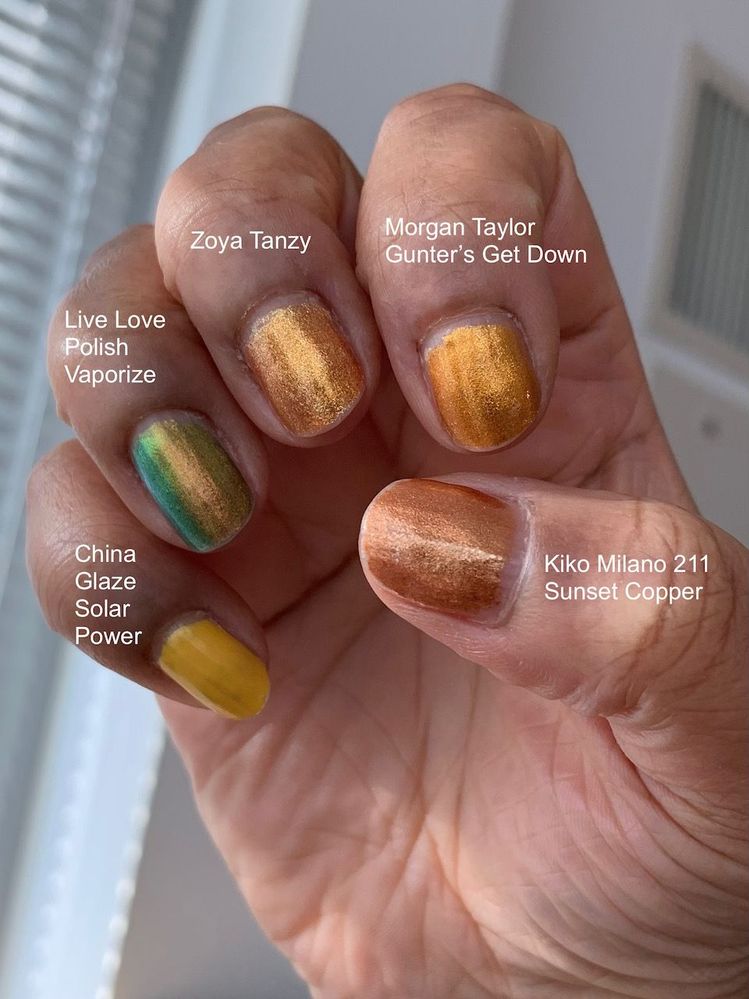 Day 4 of manicure, right hand; my day 3 right-hand photos were all too dark. Tanzy and Gunter’s Get Down are 3 coats, all others are 2 coats.