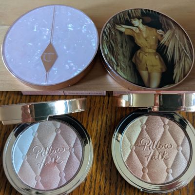 Top: Pillow Talk Multi-Glow highlighter compact vs CT x NP highlighter compact; bottom: Romance Light (L), Dream Light (R)