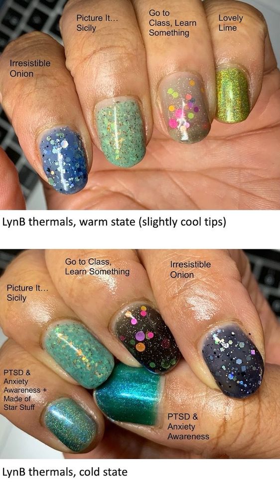 Thermals on index, middle, and ring nails.