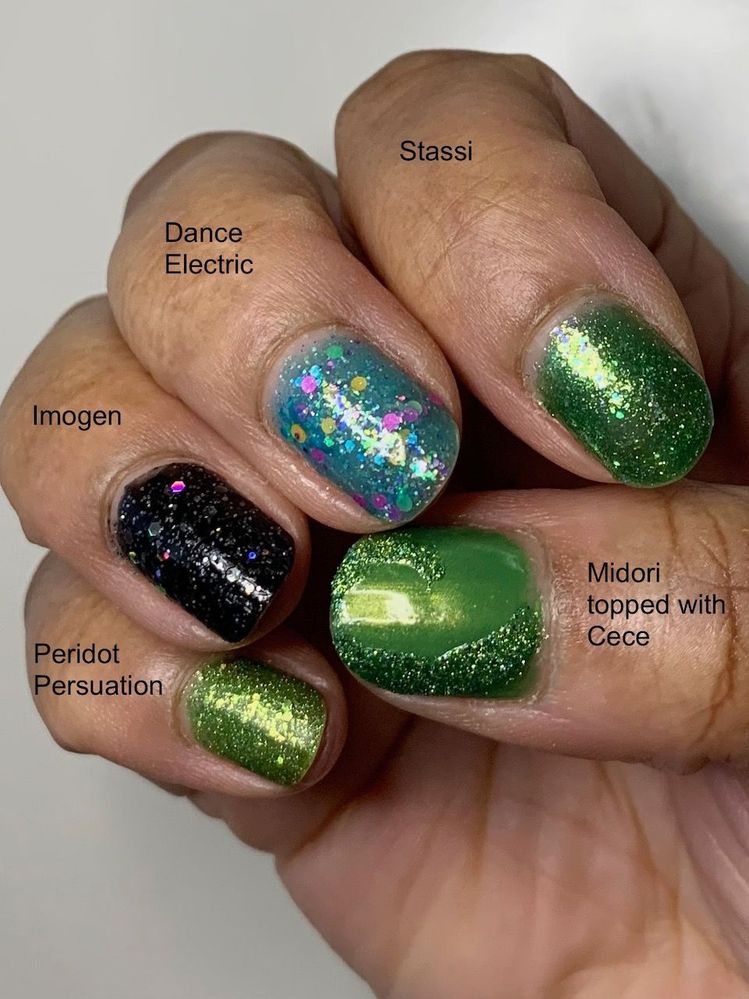 Right hand. Top coat (Glisten & Glow) used only on index and ring, and over Midori (but under Cece).