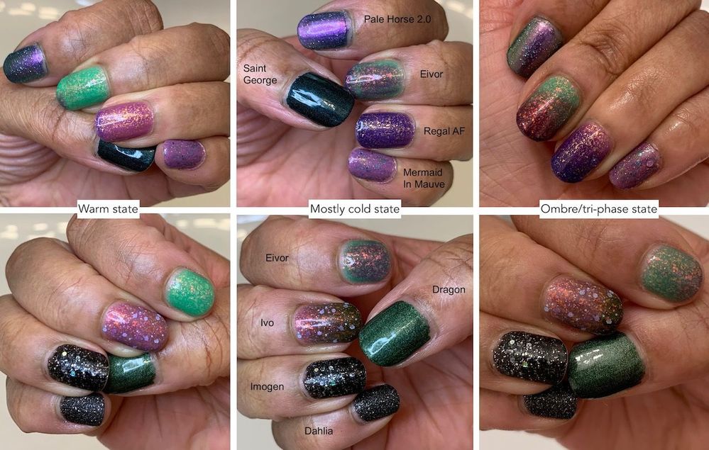 Top row: left hand, aka the saint hand. Bottom row: right hand, aka the dragon hand. All photos use indoor lighting. Not the best ombre/tri-phase photos; might update with more photos later.