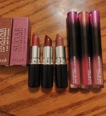 New Fresh Sugar balms- I'm happy to say they have the same scent.  MAC Lustreglass Business Casual; Spice it Up; and Hug Me, MAC Love Me Liquid Lip Color in Hey Frenchie; Still Winning, and Laissez Faire.