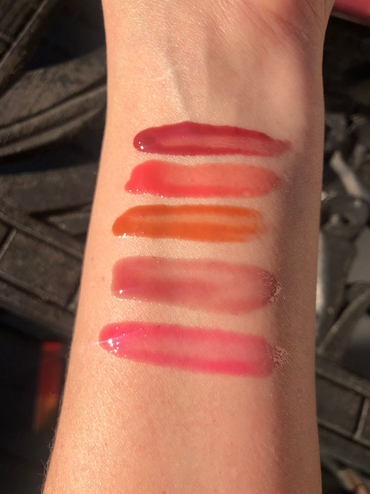 Tower 28 lip gloss comparisons L to R: XOXO, Fearless, Cashew, Coconut, Sesame