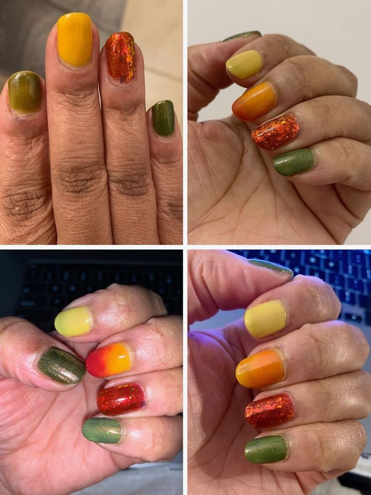 Top left: New Blood's green flake shift. All other: a mere few of the thermal Tequila Sunrise color shifts. Flash used in bottom left to try catching some holo and other glitter.