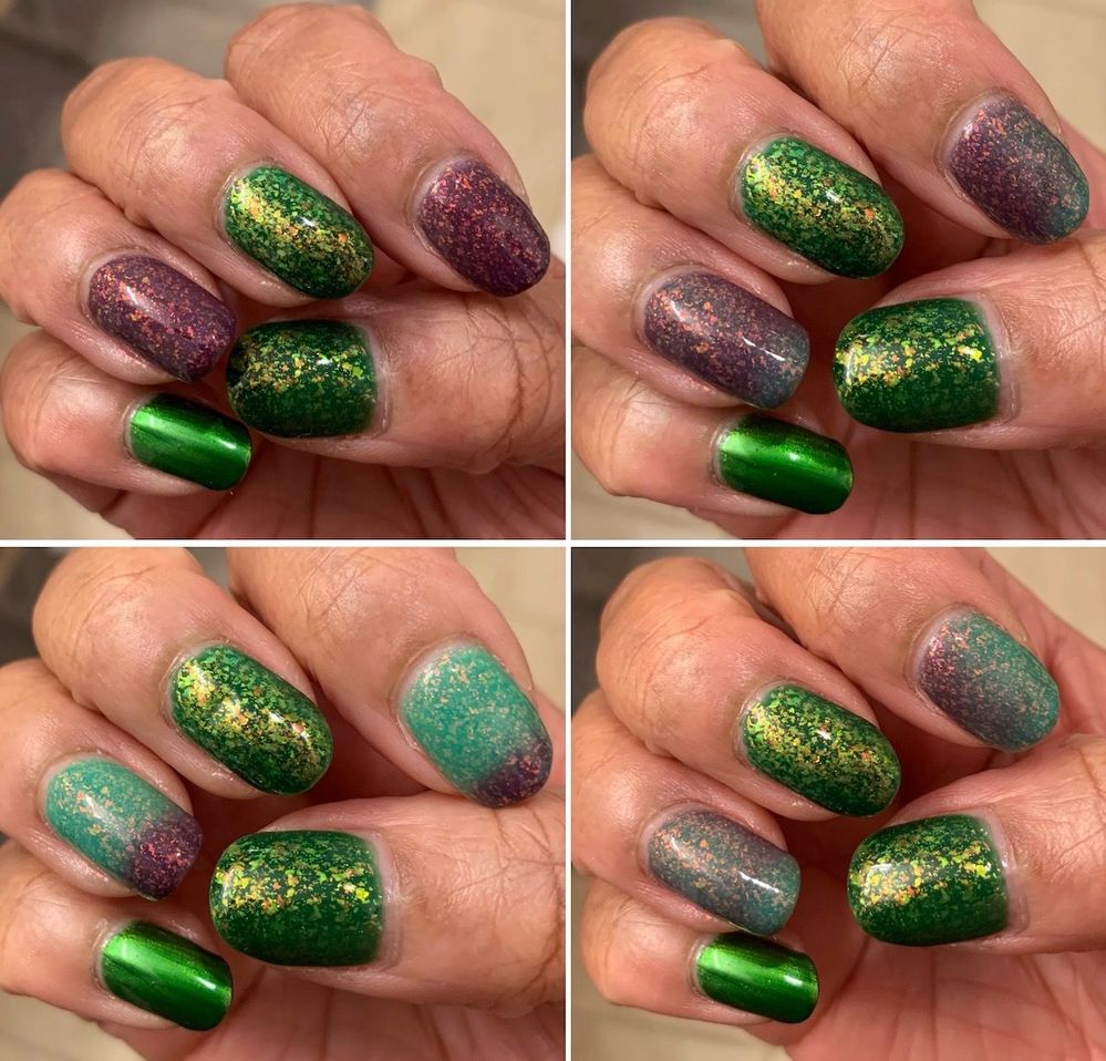 Bottom left: see that little divot in my middle nail? I dented the polish before the top coat fully dried; that photo was taken a day or 2 after the other 3, which were taken right after application.