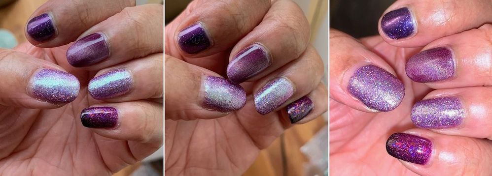 Left & middle: indirect overcast daylight through a window. Right: flash photo to catch more (but not all) of the holo.