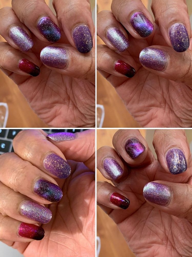 Bottom left shows index nail in warm to chilly ombre. The other photos show that nail in chilly to cold ombre. (Its a tri-thermal polish.)