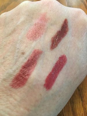 Clinique Bare Pop, Sephora Satin Hydrating lipsticks in 08 Stronger Than Ever; 20 Never Enough; and 18 Extreme Power.