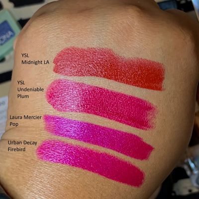 Lipstick swatches, including my old UD Vice Firebird to compare with LM Pop.