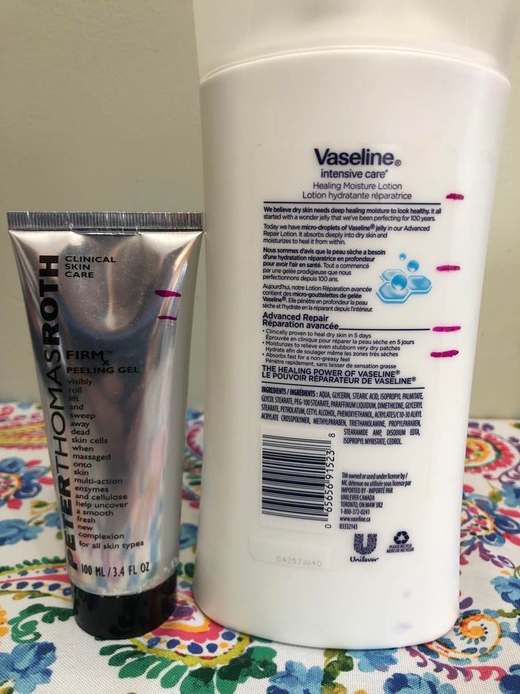 Not much use on either of these.  The PTR is gimicky to me.  I don't think that it's the dead skin rolling off, it's the product.  That said, there are some exfoliating properties and I'm hoping it's a more gentle exfoliation so I can use it up easily.  This one is key to use before a shower to avoid a mess at the sink.  The Vaseline lotion is... vaseline lotion.  Nothing fun about it, it's just there.