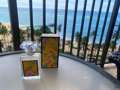 Perfume I bought and view from our room.