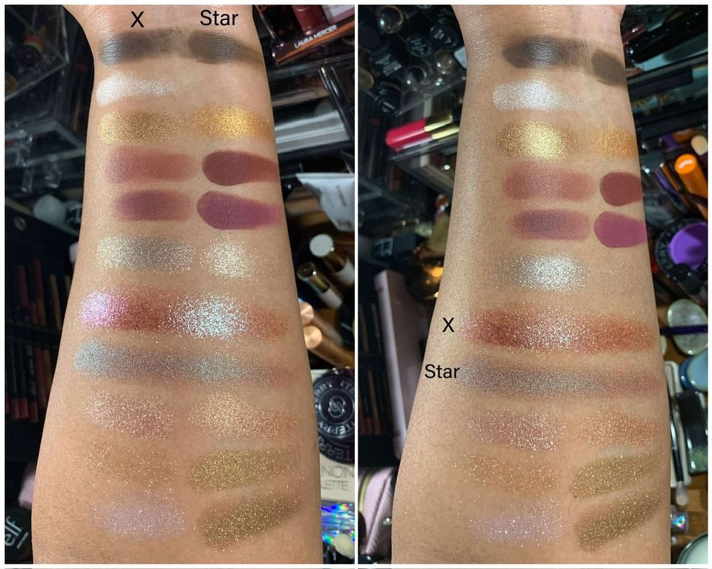 On both photos, left swatch column is Mothership X and right swatch column is Star. I swatched both palettes’ duochromes fully across my arm to show their shifts, since those 2 shades are very different.