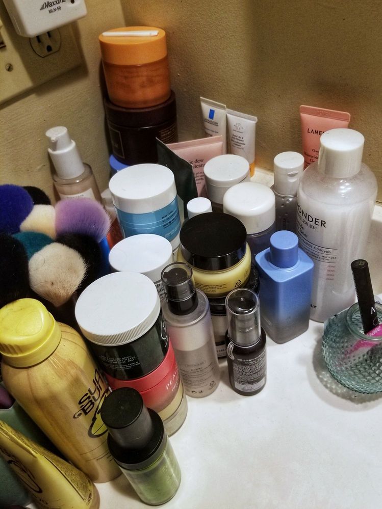 before: oh boy, I have way too many open skincare products and they are taking over the bathroom counter