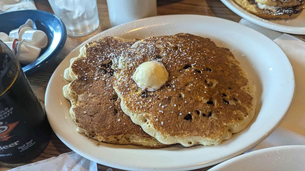 With chocolate chip pancakes. Yummy