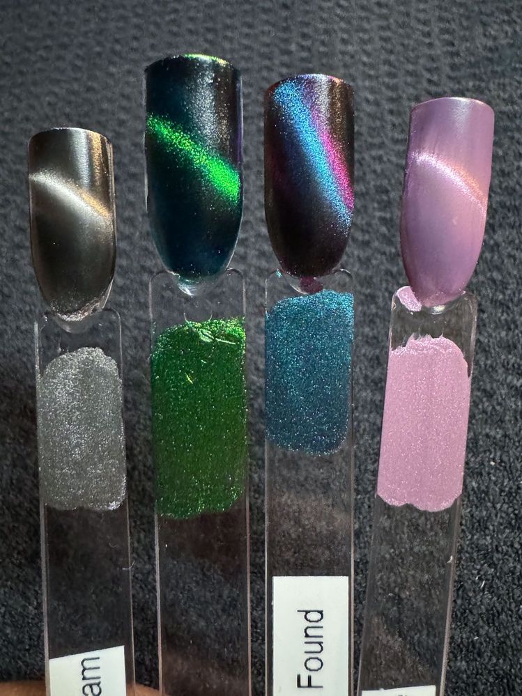 The swatch below each nail is unmagnetized. Shades L to R: The Silent Scream, Mutiny, 404 Soul Not Found, and Claire de Lune.