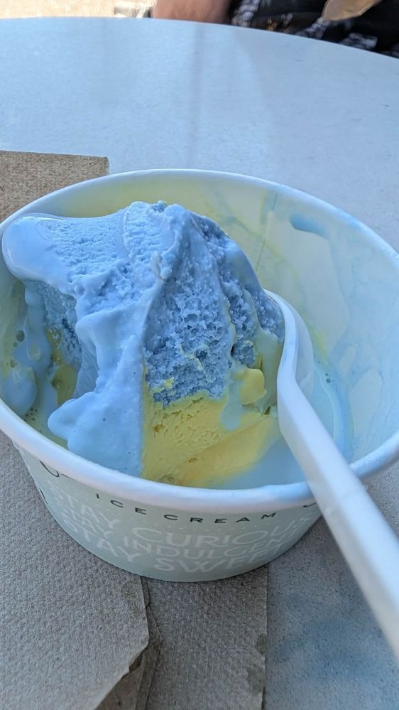 My Blue Moon ice cream and a honey amber under it