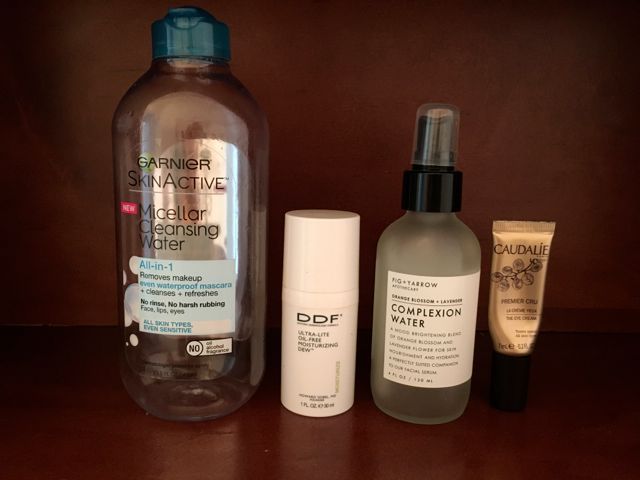 I would repurchase all except the eye cream.- Garnier Micellar Cleansing Water (waterproof version), DDF Ultra-Lite Moisturizing Dew, Fig+Yarrow Complexion Water, Caudalie Premier Cru eye cream