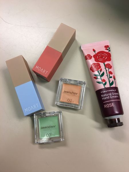MOART Velvet Lipsticks in Vintage Rose and Ready to Die, Innisfree Color Correctors, Tony Moly Rose Hand Cream