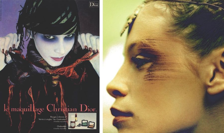 left: serge lutens for dior cosmetics, 1970s. right: inge grognard for dries van noten runway show a/w 1997