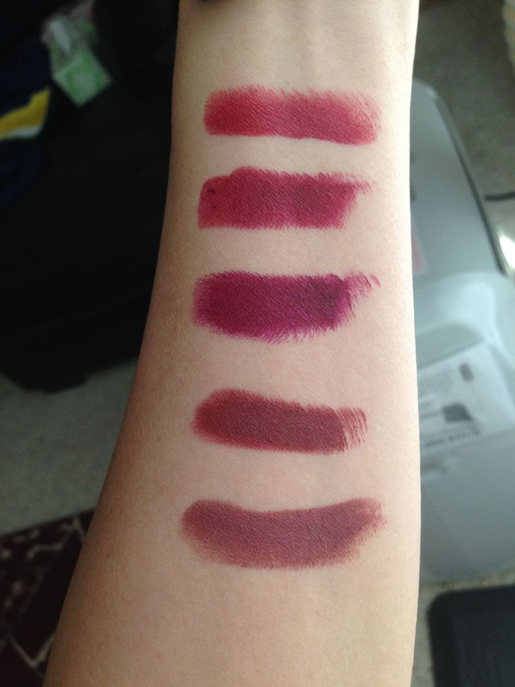 Rouge Vie joins the group. Top to bottom: Chanel Rouge Vie, Tom Ford Velvet Cherry, Tom Ford Black Dhalia, Pat McGrath Flesh 3, Tom Ford Christopher. Black Dhalia is the worst performer on the lips