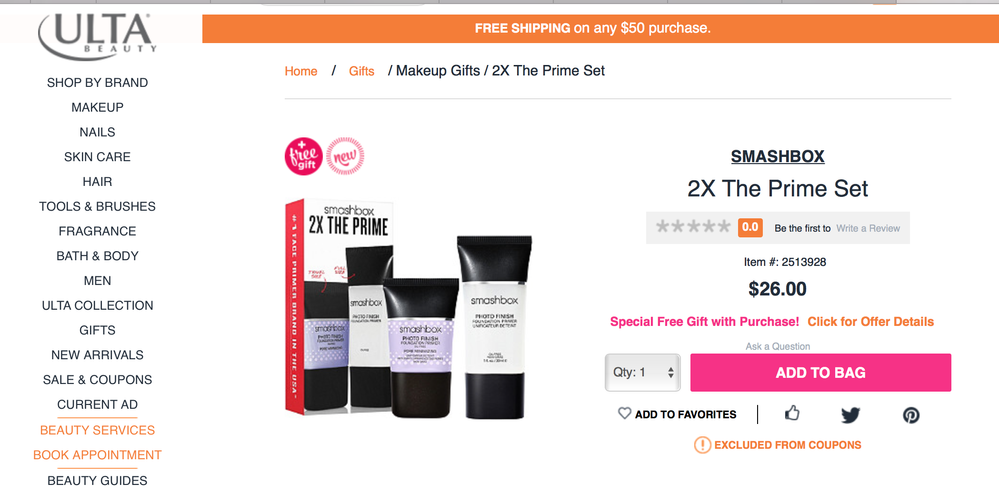 I found this in the makeup value set section! Its a full sized Smashbox photofinish primer and a travel sized pore minimizing primer for $26!! Cheaper than buying the full size alone!