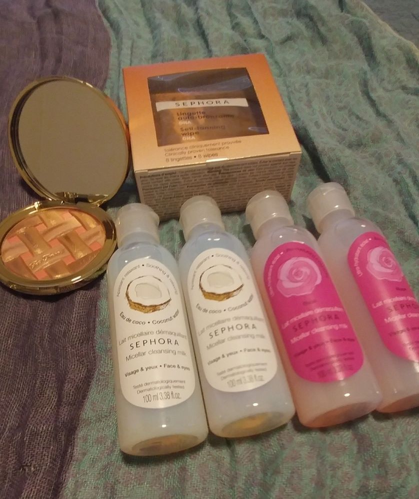 The new Too Faced bronzer (so excited to try this), micellar cleansing milk, self-tanning towlettes.