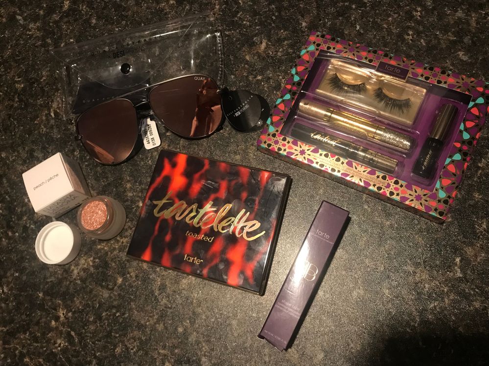 Tarte toasted is amazing, going to be my all time favourite for sure, has everything I need and what I would pick if I were to make my own perfect palette. ND Chroma Crystal is gorg, so sparkly! It did not look good after a very long 12-14 hr wear day with glitter glue so keep that in mind. For sure worth it still.  Tarte lash set was such a great deal and I absolutely love the Goddess lash.  And of course a shape tape back-up from their sale a few weeks ago.  Last thing were the rose/gunmetal Desi sunnies, IN LOVE.  Cannot wait for next summer to wear these a ton.