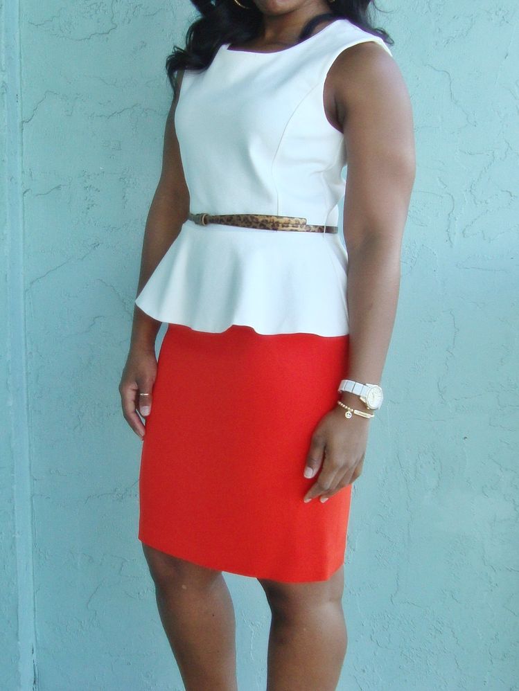 leopard belt, white peplum top, orange pencil skirt.JPG