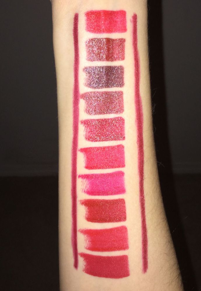 Top to bottom: Besame red, Blood red, Noir red, Merlot, Cherry red, Victory red, American Beauty, Red Velvet, Red Hot Red, and Snow White Red. Lip liner in Cerise (L) and Red (R)