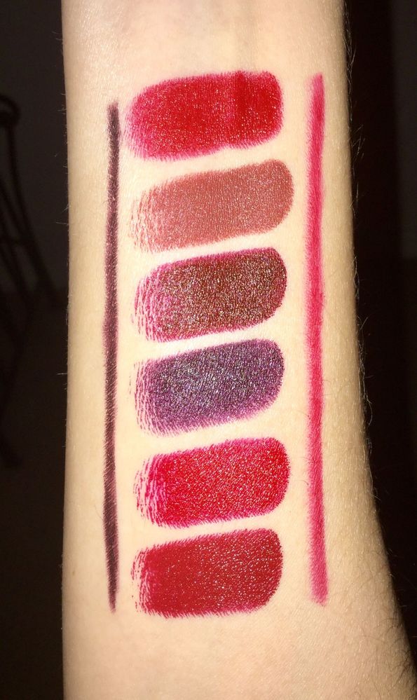 Top to Bottom: MatteTrance Elson, Flesh 3, McMenamy, Deep Void; LuxeTrance Major Red, Sedition; Lip liners Deep Void - L, Major Red - R