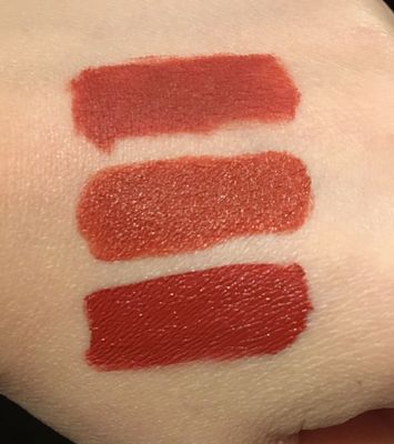 Smashbox Always On "Out Loud" (top), Fenty Mattemoiselle "Freckle Fiesta", Too Faced Melted Matte "Gingerbread"