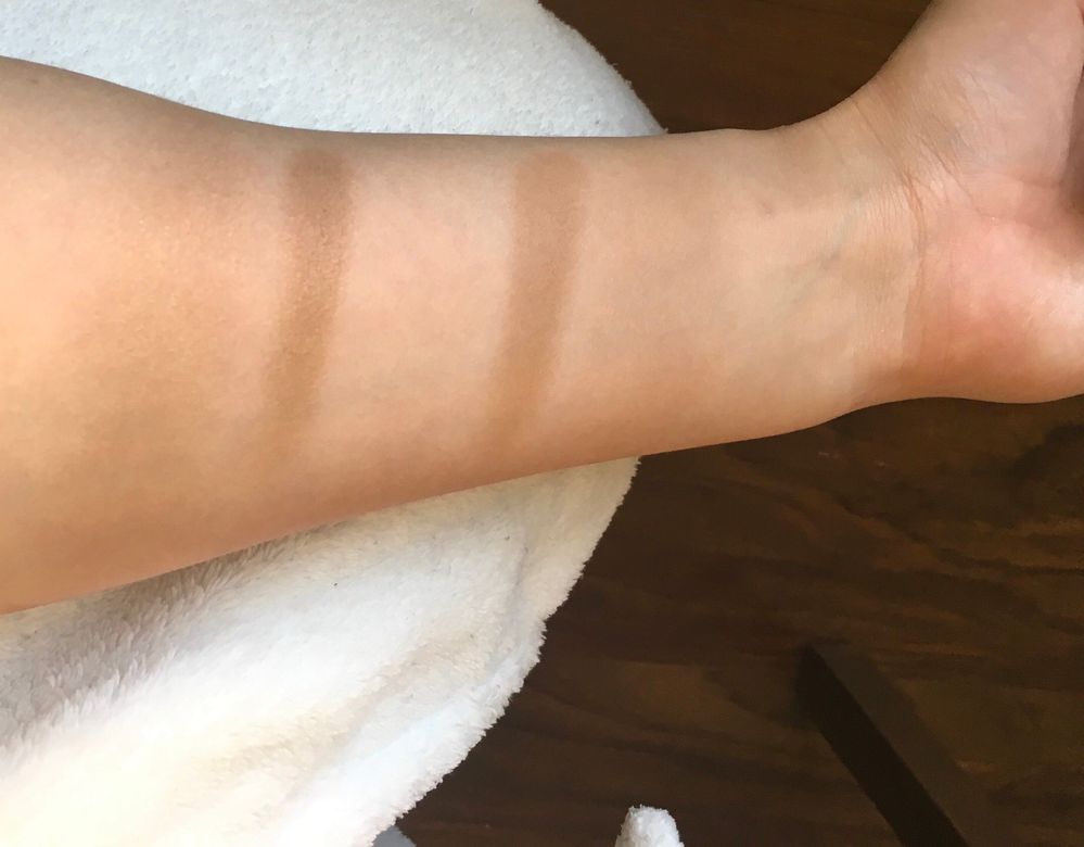 L’Oréal Lumi Bronze It in Light vs Marc Jacobs Tan-Tastic- Lumi bronzer has a sheen to it and is slightly warmer