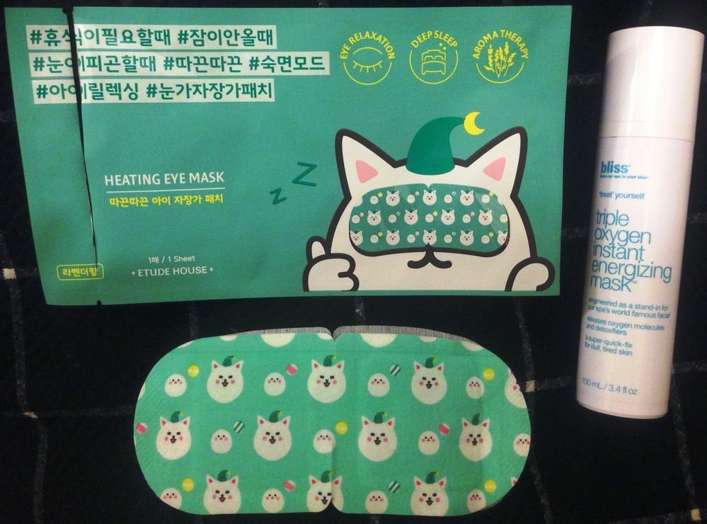 L to R: Etude House Heating Eye Mask, Bliss Labs Triple Oxygen Instant Energizing Mask