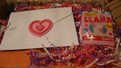 A card with a pretty puffy heart sticker and llama heart gummies!