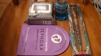 Sephora Charcoal Face Wipes (those will come in handy for my son during track,) a lavener foot mask (I won't go into detail, but let me just say I need one of those!) eyemakeup remove, and a beautiful brush- I always need one of those so I clean the rest of mine less often. Ha!