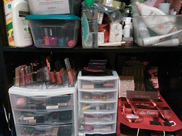 Top shelf for skin care/nails. Bottom for makeup, samples and fragrance. I don't have a ton of room to mess with but I'm happy with this.