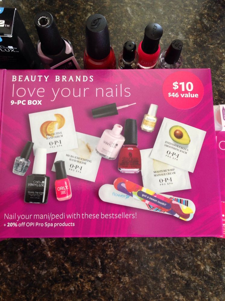 Great deal at beauty brands $10 nail set includes 2 full size nail polishes and one full size top coat and several minis and coupons! Can also use 3.50 off coupon.
