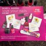 Great deal at beauty brands $10 nail set includes 2 full size nail polishes and one full size top coat and several minis and coupons! Can also use 3.50 off coupon.